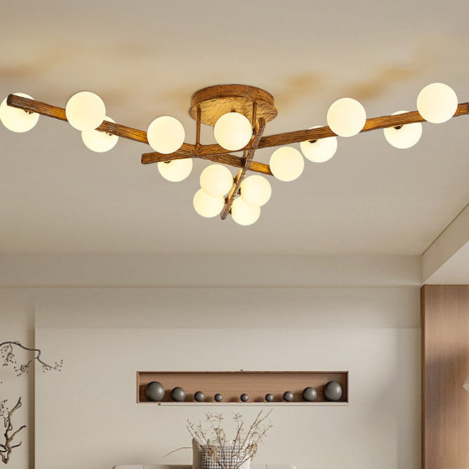 Traditional Farmhouse Acrylic Metal & Resin Branch Frosted Ball 3/6/9/12/15-Light Semi-Flush Mount Ceiling Light For Living Room & Bedroom