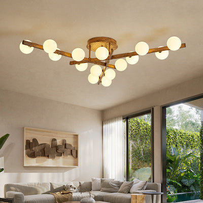 Traditional Farmhouse Acrylic Metal & Resin Branch Frosted Ball 3/6/9/12/15-Light Semi-Flush Mount Ceiling Light For Living Room & Bedroom