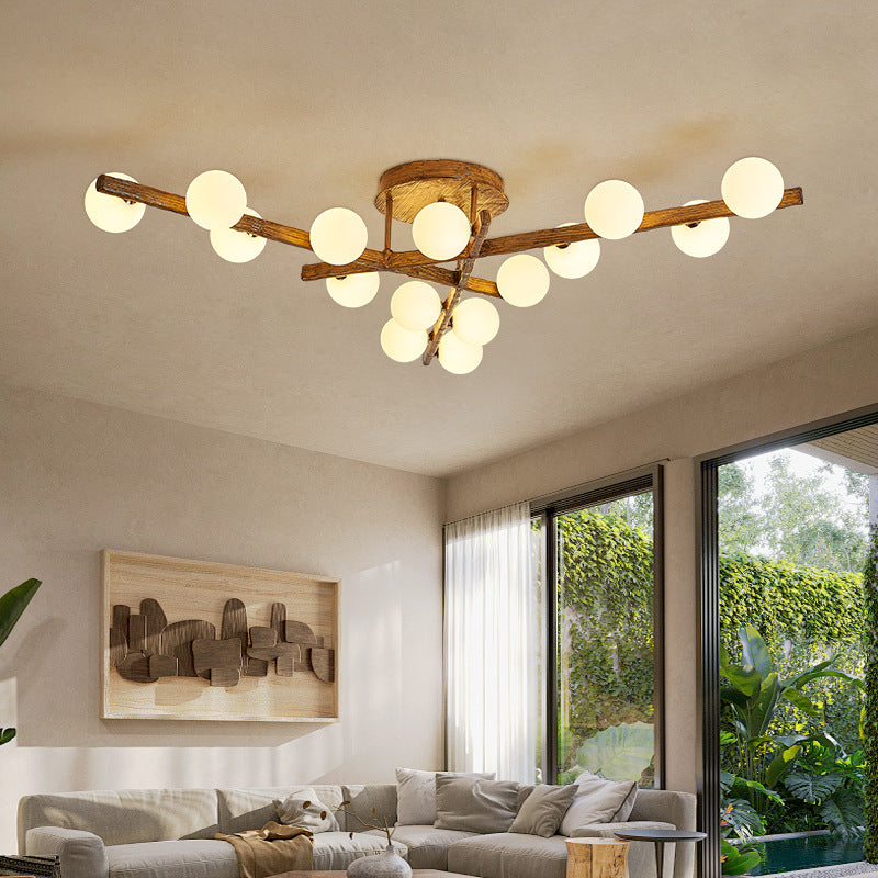 Traditional Farmhouse Acrylic Metal & Resin Branch Frosted Ball 3/6/9/12/15-Light Semi-Flush Mount Ceiling Light For Living Room & Bedroom