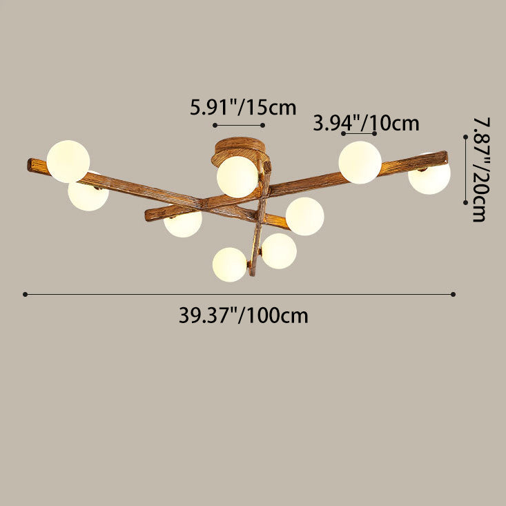Traditional Farmhouse Acrylic Metal & Resin Branch Frosted Ball 3/6/9/12/15-Light Semi-Flush Mount Ceiling Light For Living Room & Bedroom