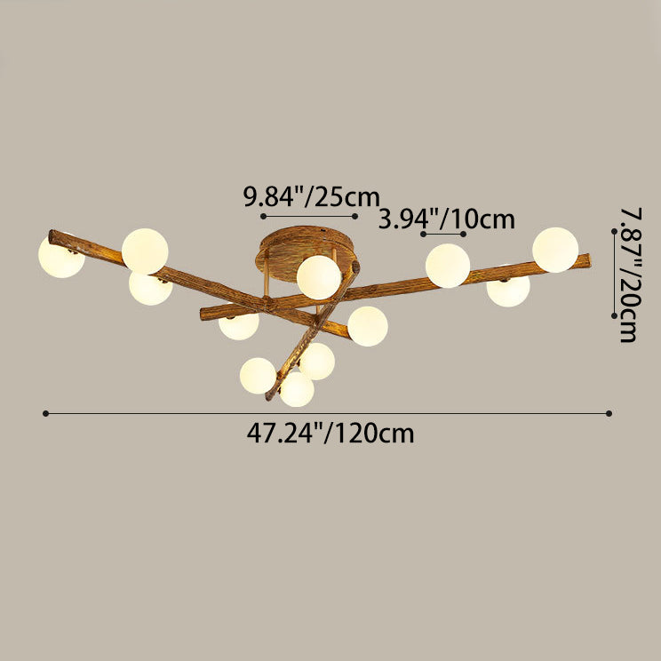 Traditional Farmhouse Acrylic Metal & Resin Branch Frosted Ball 3/6/9/12/15-Light Semi-Flush Mount Ceiling Light For Living Room & Bedroom