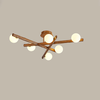 Traditional Farmhouse Acrylic Metal & Resin Branch Frosted Ball 3/6/9/12/15-Light Semi-Flush Mount Ceiling Light For Living Room & Bedroom