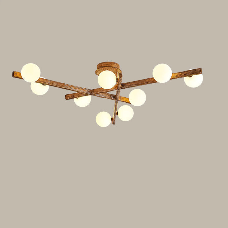 Traditional Farmhouse Acrylic Metal & Resin Branch Frosted Ball 3/6/9/12/15-Light Semi-Flush Mount Ceiling Light For Living Room & Bedroom