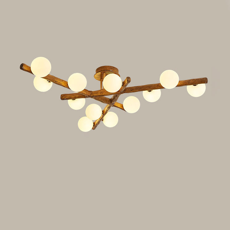 Traditional Farmhouse Acrylic Metal & Resin Branch Frosted Ball 3/6/9/12/15-Light Semi-Flush Mount Ceiling Light For Living Room & Bedroom