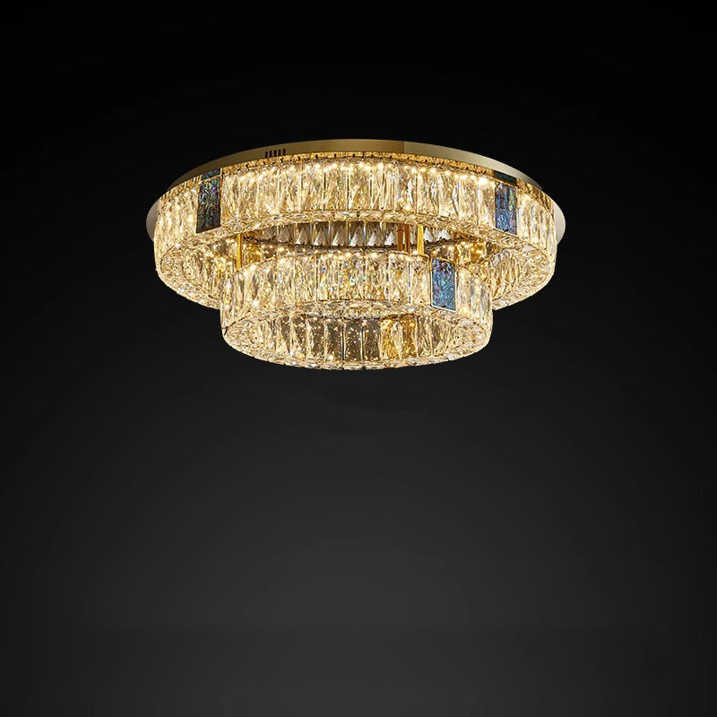 Modern Luxury Shell Stainless Steel & Crystal Round Multi-Layered LED Flush Mount Ceiling Light For Bedroom & Living Room