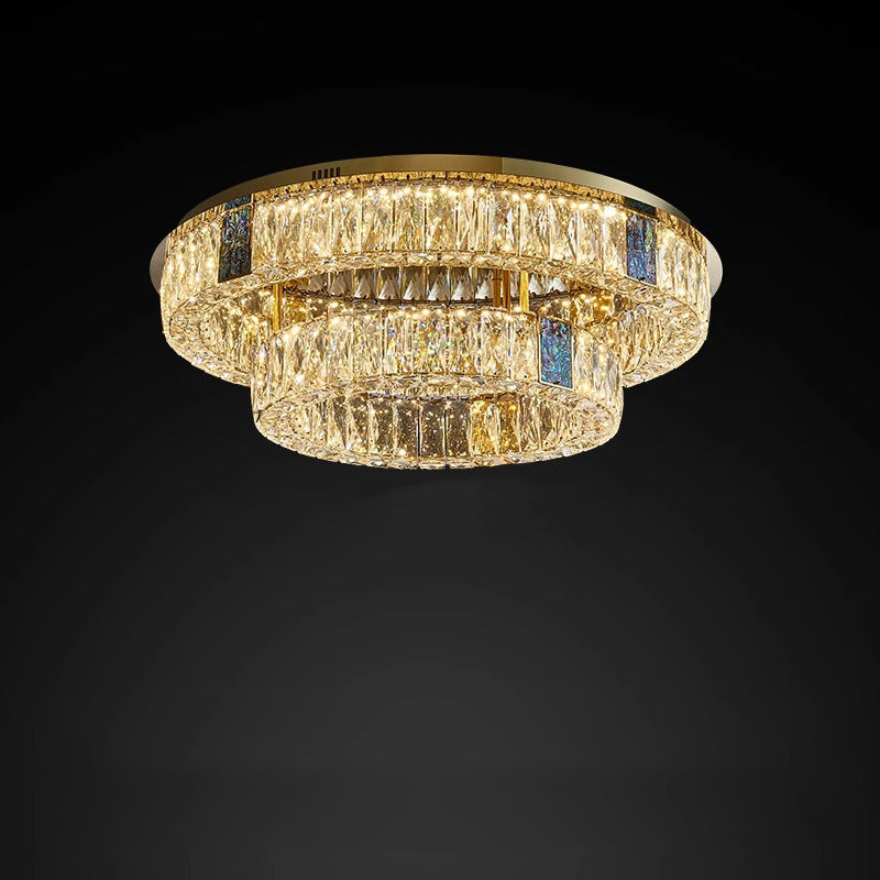 Modern Luxury Shell Stainless Steel & Crystal Round Multi-Layered LED Flush Mount Ceiling Light For Bedroom & Living Room