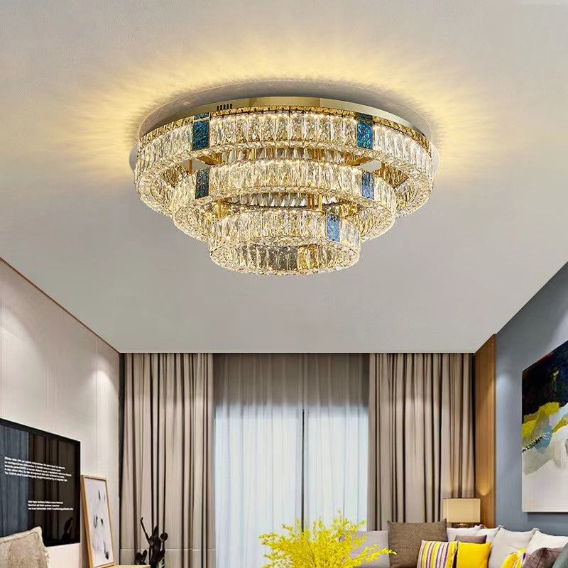 Modern Luxury Shell Stainless Steel & Crystal Round Multi-Layered LED Flush Mount Ceiling Light For Bedroom & Living Room