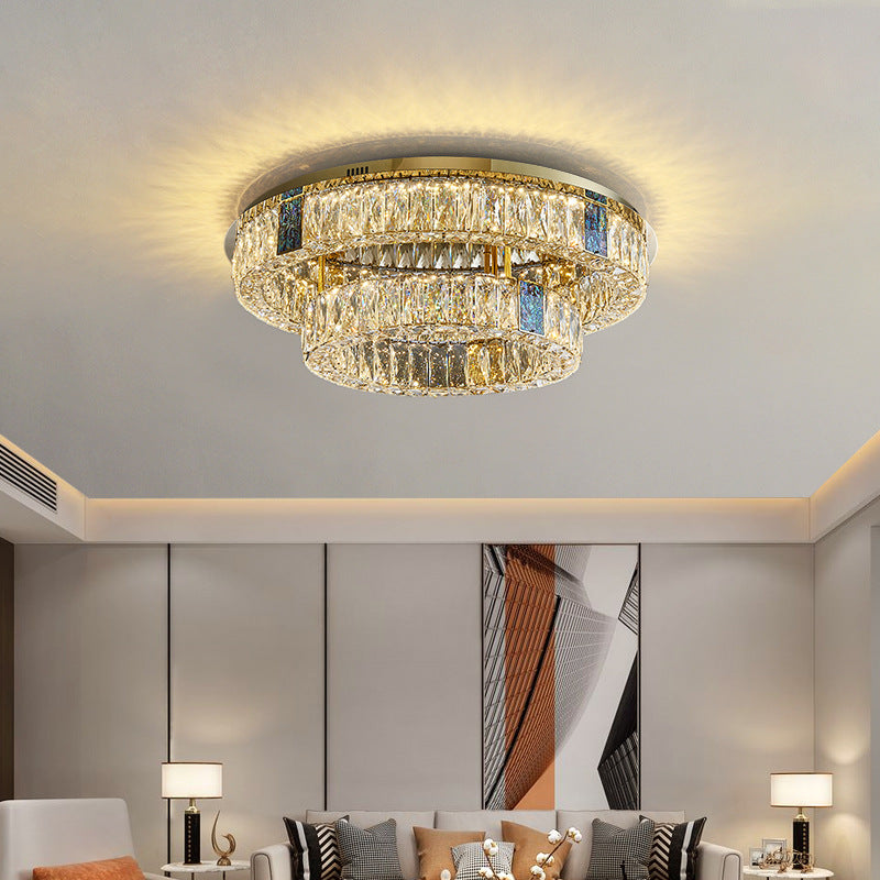 Modern Luxury Shell Stainless Steel & Crystal Round Multi-Layered LED Flush Mount Ceiling Light For Bedroom & Living Room