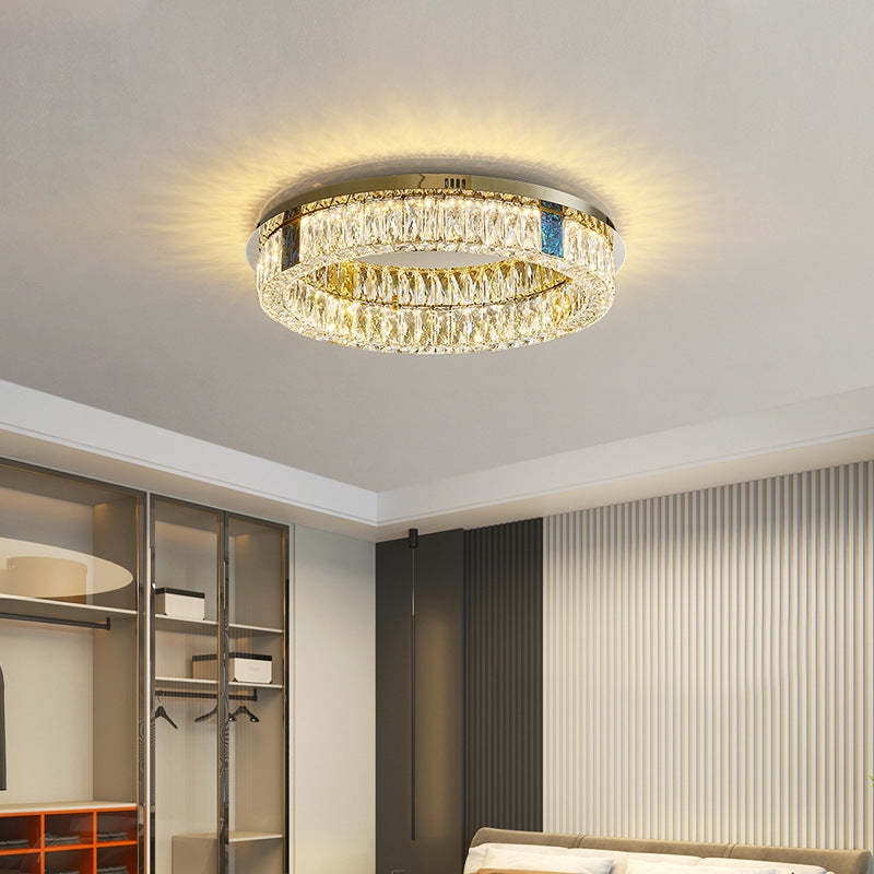 Modern Luxury Shell Stainless Steel & Crystal Round Multi-Layered LED Flush Mount Ceiling Light For Bedroom & Living Room