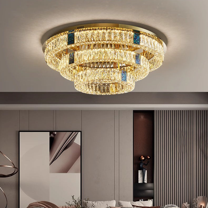 Modern Luxury Shell Stainless Steel & Crystal Round Multi-Layered LED Flush Mount Ceiling Light For Bedroom & Living Room
