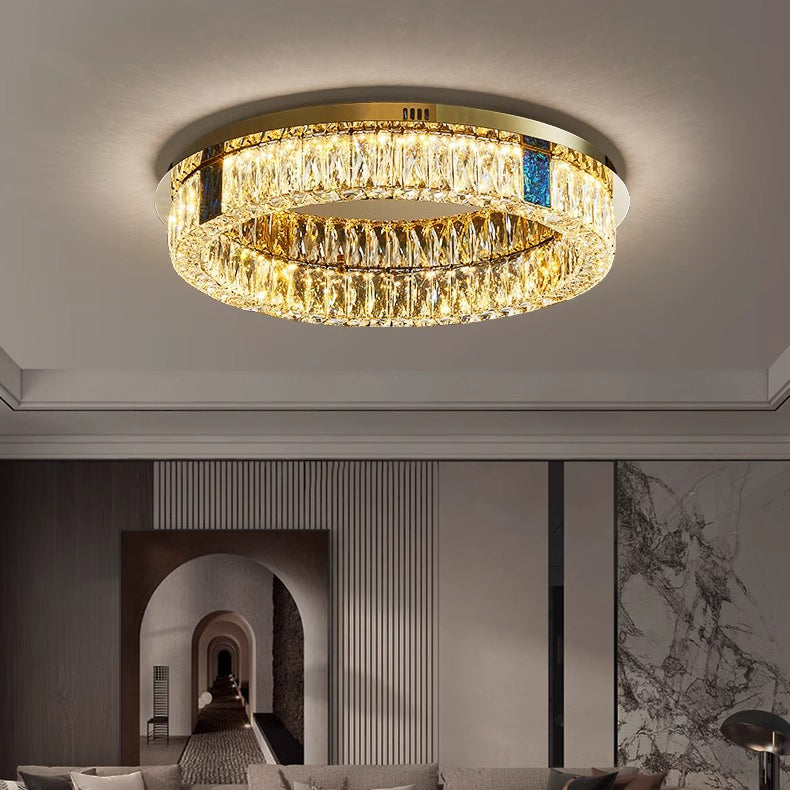 Modern Luxury Shell Stainless Steel & Crystal Round Multi-Layered LED Flush Mount Ceiling Light For Bedroom & Living Room