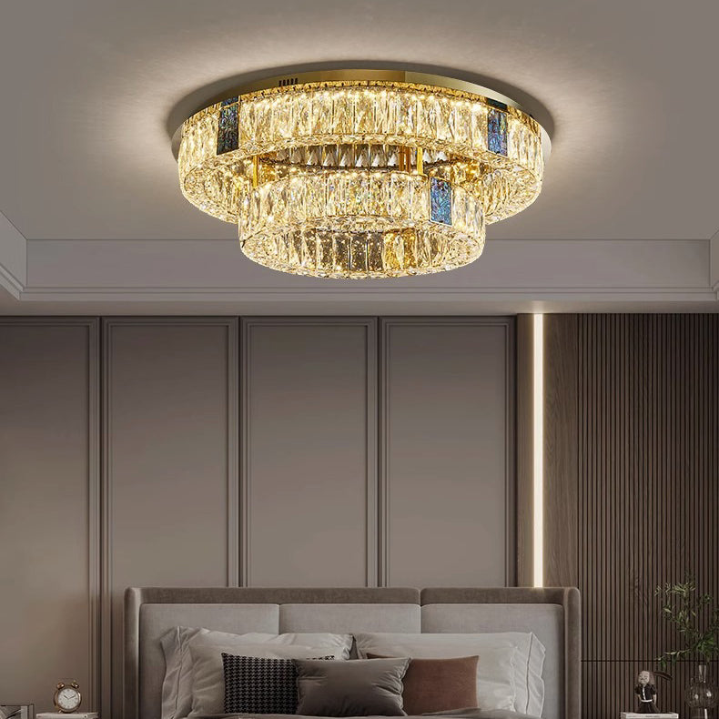 Modern Luxury Shell Stainless Steel & Crystal Round Multi-Layered LED Flush Mount Ceiling Light For Bedroom & Living Room
