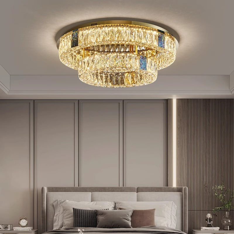 Modern Luxury Shell Stainless Steel & Crystal Round Multi-Layered LED Flush Mount Ceiling Light For Bedroom & Living Room