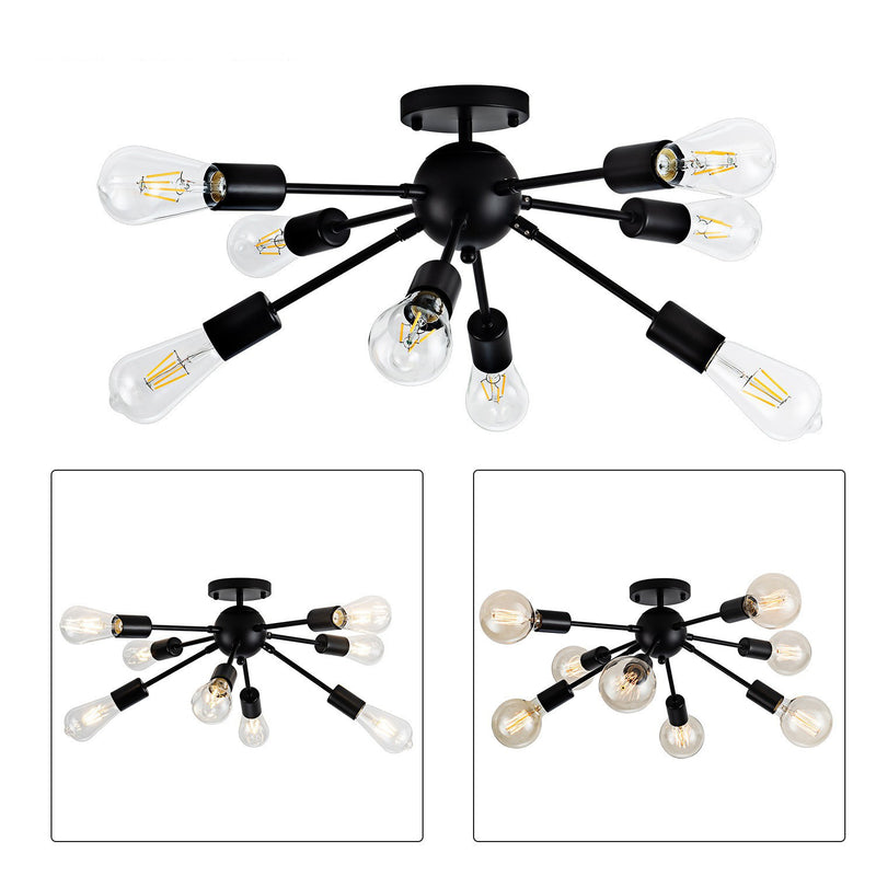 Contemporary Industrial Iron Branch Satellite 8-Light Semi-Flush Mount Ceiling Light For Living Room