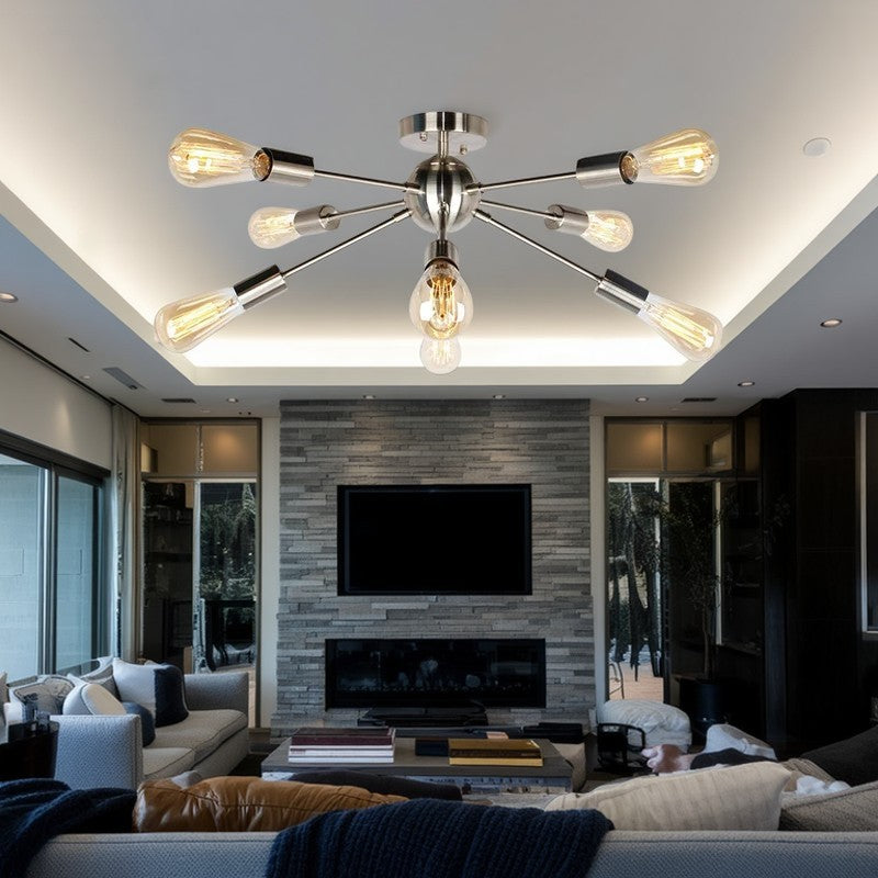 Contemporary Industrial Iron Branch Satellite 8-Light Semi-Flush Mount Ceiling Light For Living Room