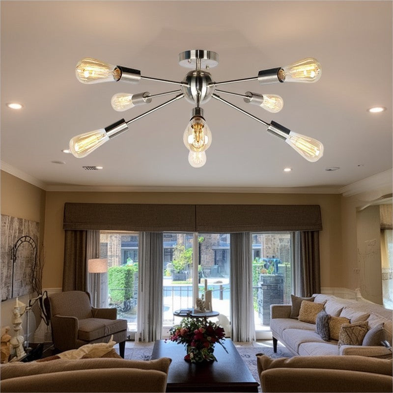 Contemporary Industrial Iron Branch Satellite 8-Light Semi-Flush Mount Ceiling Light For Living Room