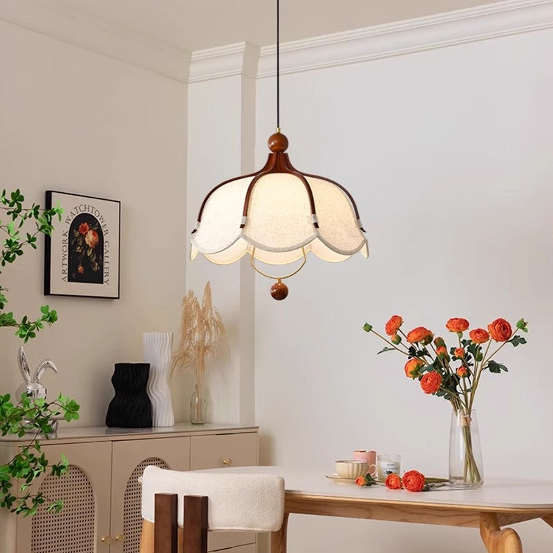 Traditional French Metal Linen & Wood Floral 1-Light Pendant Light For Dining Room