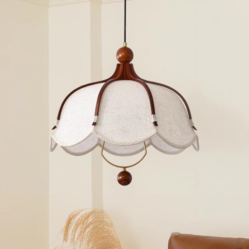 Traditional French Metal Linen &amp; Wood Floral 1-Light Pendant Light For Dining Room
