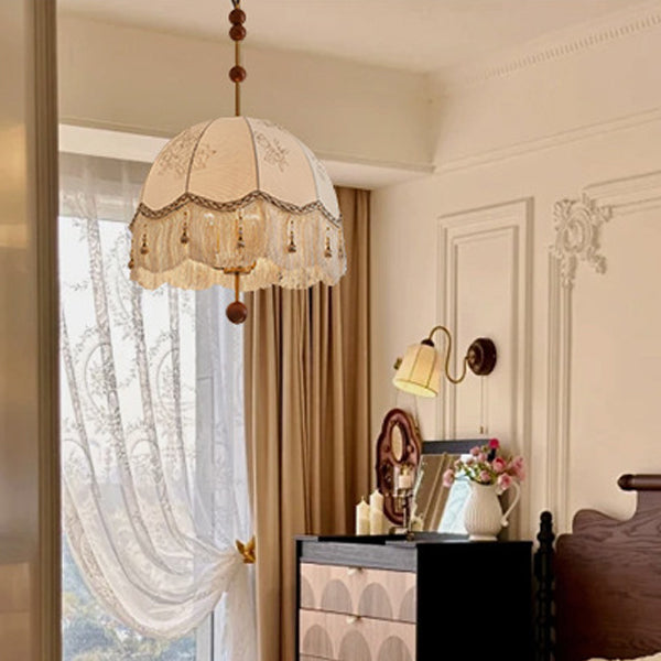 Traditional French Fabric Iron & Oak Dome Pearl Tassel 3-Light Chandelier For Dining Room