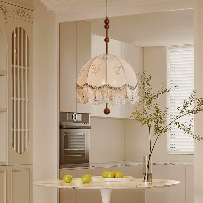 Traditional French Fabric Iron & Oak Dome Pearl Tassel 3-Light Chandelier For Dining Room