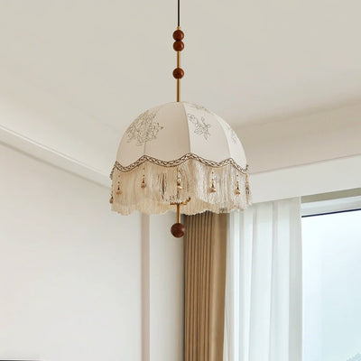 Traditional French Fabric Iron & Oak Dome Pearl Tassel 3-Light Chandelier For Dining Room