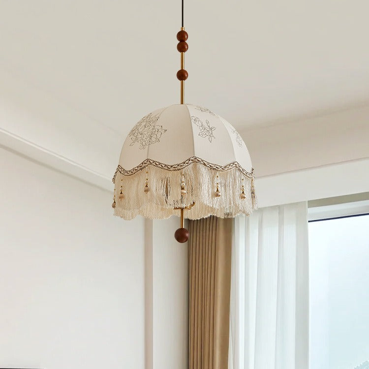 Traditional French Fabric Iron & Oak Dome Pearl Tassel 3-Light Chandelier For Dining Room