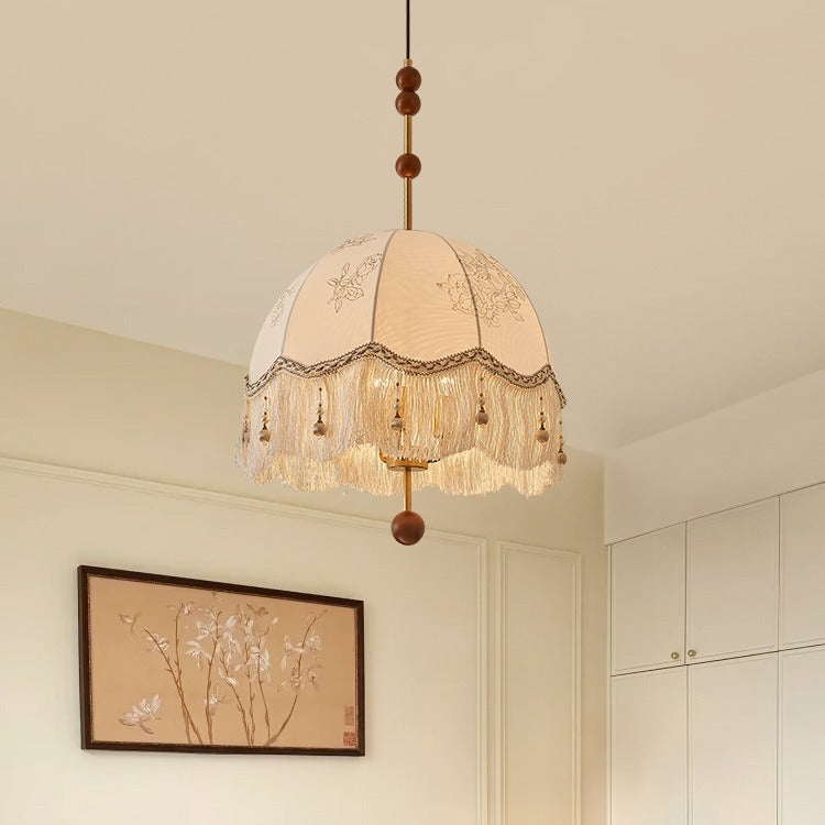 Traditional French Fabric Iron & Oak Dome Pearl Tassel 3-Light Chandelier For Dining Room