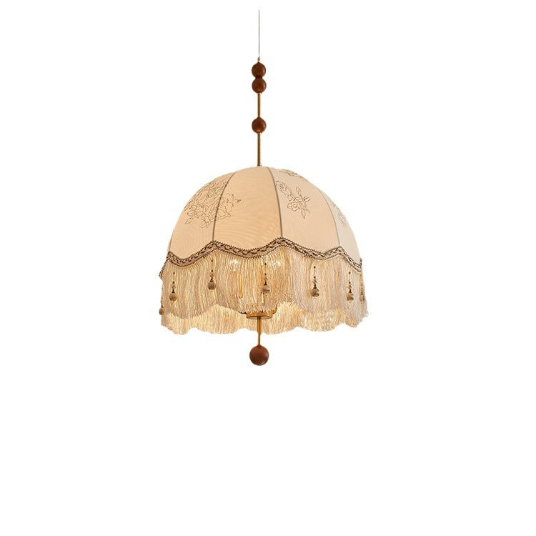 Traditional French Fabric Iron & Oak Dome Pearl Tassel 3-Light Chandelier For Dining Room