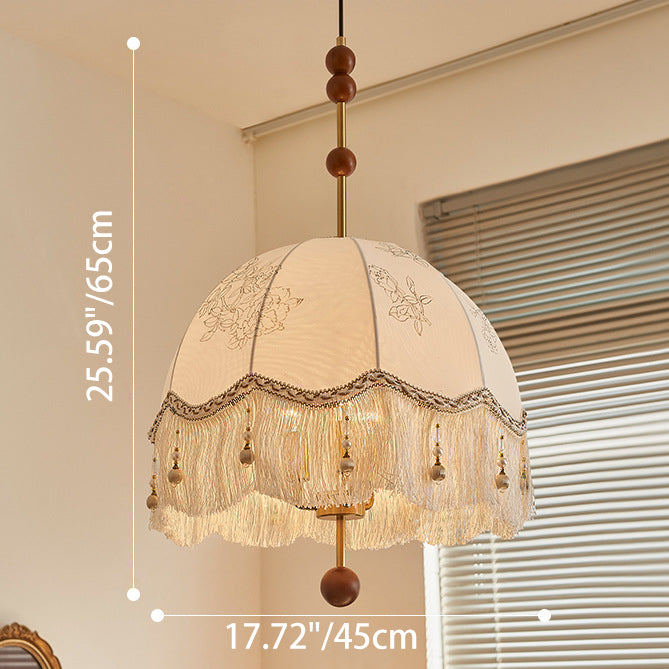 Traditional French Fabric Iron & Oak Dome Pearl Tassel 3-Light Chandelier For Dining Room
