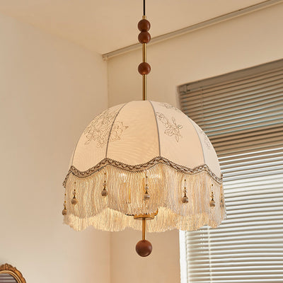Traditional French Fabric Iron & Oak Dome Pearl Tassel 3-Light Chandelier For Dining Room