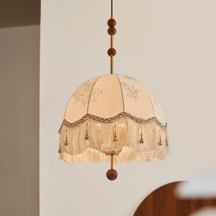 Traditional French Fabric Iron & Oak Dome Pearl Tassel 3-Light Chandelier For Dining Room