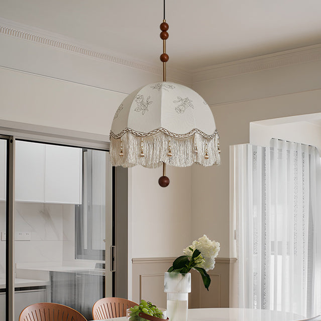 Traditional French Fabric Iron & Oak Dome Pearl Tassel 3-Light Chandelier For Dining Room