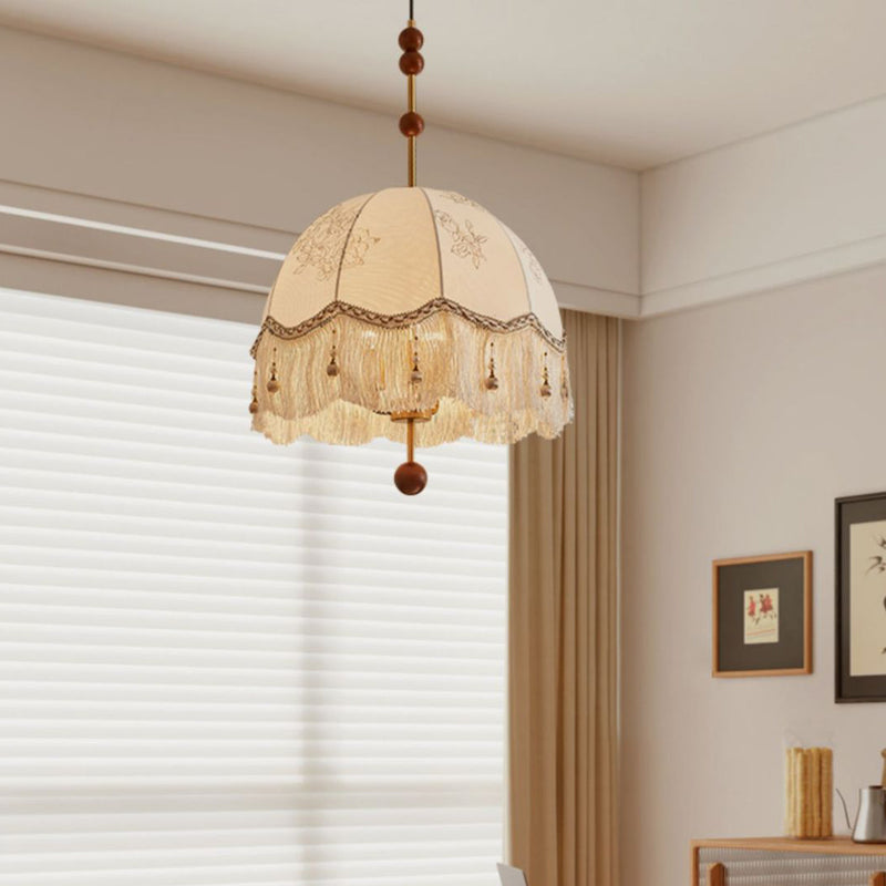Traditional French Fabric Iron & Oak Dome Pearl Tassel 3-Light Chandelier For Dining Room