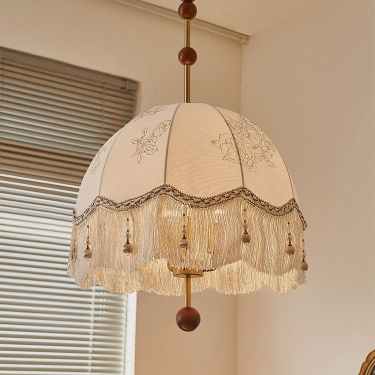 Traditional French Fabric Iron & Oak Dome Pearl Tassel 3-Light Chandelier For Dining Room
