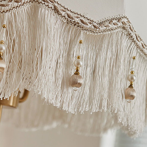 Traditional French Fabric Iron & Oak Dome Pearl Tassel 3-Light Chandelier For Dining Room