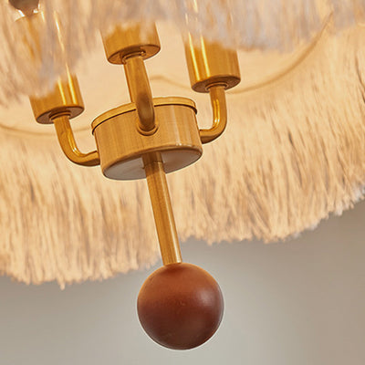 Traditional French Fabric Iron & Oak Dome Pearl Tassel 3-Light Chandelier For Dining Room