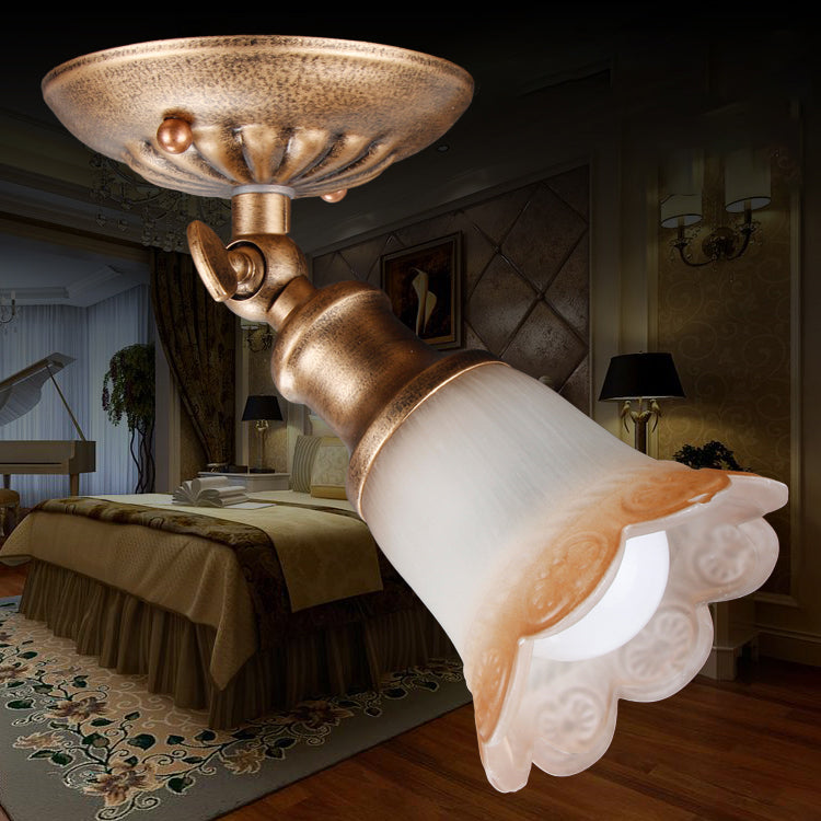 Traditional European Iron & Glass Floral 1-Light Semi-Flush Mount Ceiling Light Track Lighting For Living & Dining Room