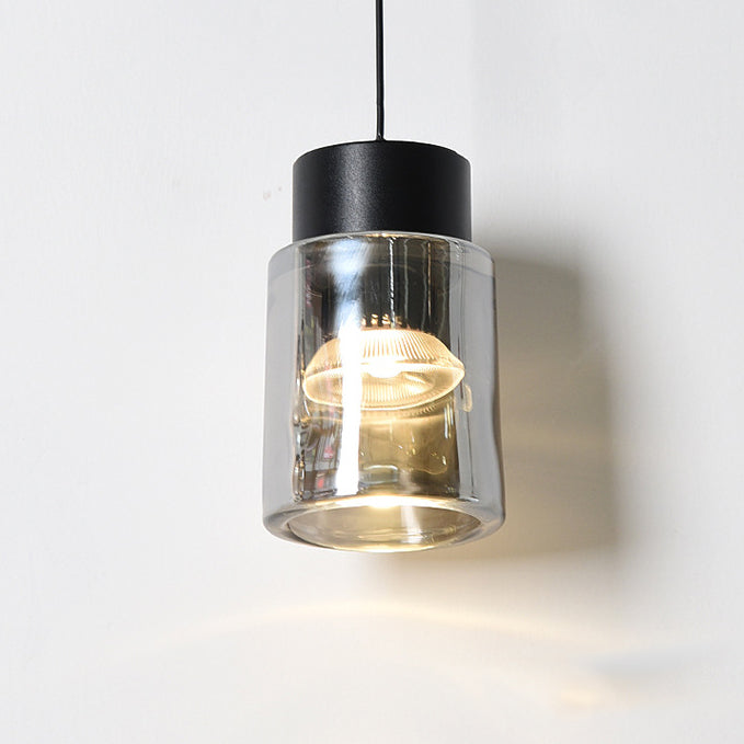 Moderne minimalistische Aluminium- &amp; Glas-Zylinder-Pendelleuchte mit anhebbarem LED für Esszimmer &amp; Nachttisch 