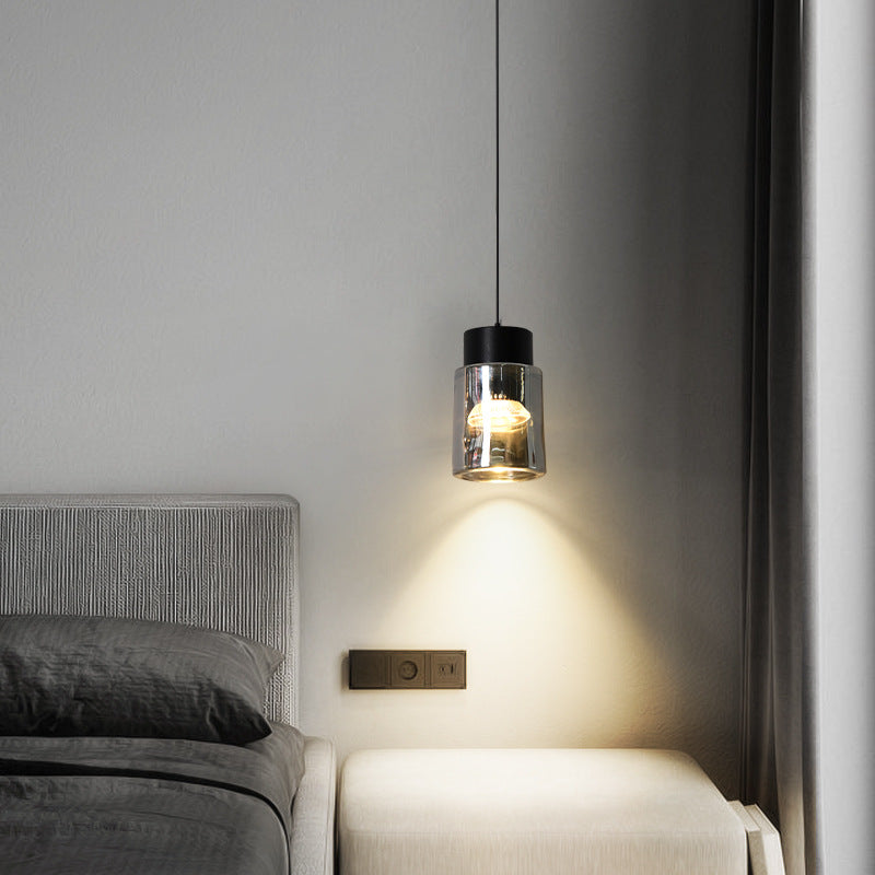 Modern Minimalist Aluminum & Glass Cylindrical Liftable LED Pendant Light For Dining Room & Bedside