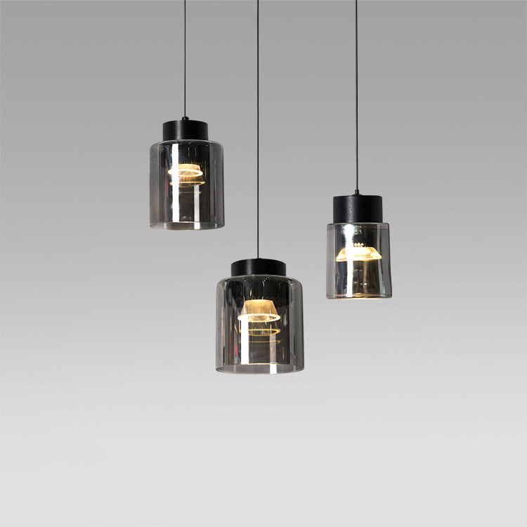 Moderne minimalistische Aluminium- &amp; Glas-Zylinder-Pendelleuchte mit anhebbarem LED für Esszimmer &amp; Nachttisch 