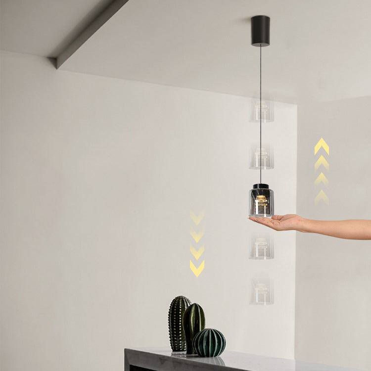 Moderne minimalistische Aluminium- &amp; Glas-Zylinder-Pendelleuchte mit anhebbarem LED für Esszimmer &amp; Nachttisch 