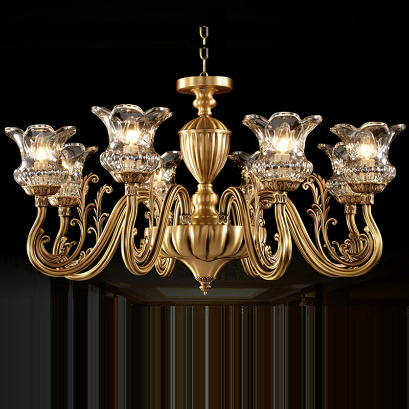 Traditional European Brass Glass Floral 3/8/10-Light Chandelier For Living Room And Bedroom