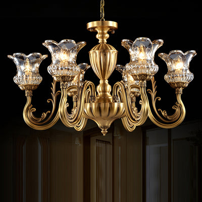 Traditional European Brass Glass Floral 3/8/10-Light Chandelier For Living Room And Bedroom