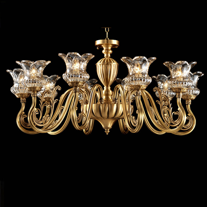 Traditional European Brass Glass Floral 3/8/10-Light Chandelier For Living Room And Bedroom