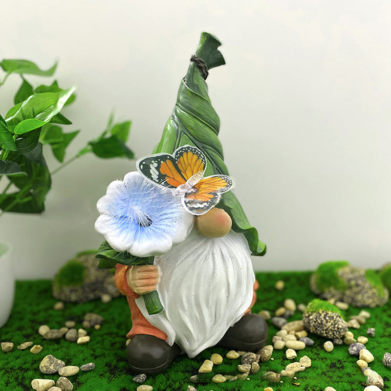 Modern Art Deco Solar Waterproof Resin Gnome With Flower &amp; Butterfly LED Outdoor Light Landscape Lighting For Garden