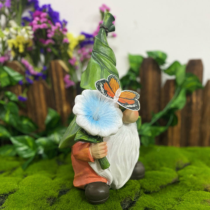 Modern Art Deco Solar Waterproof Resin Gnome With Flower &amp; Butterfly LED Outdoor Light Landscape Lighting For Garden