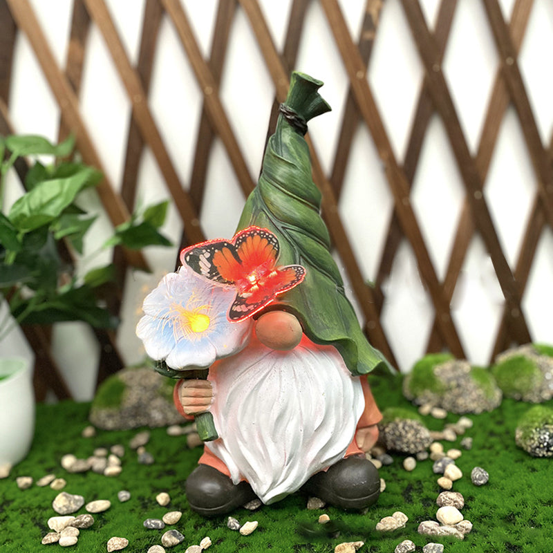 Modern Art Deco Solar Waterproof Resin Gnome With Flower &amp; Butterfly LED Outdoor Light Landscape Lighting For Garden