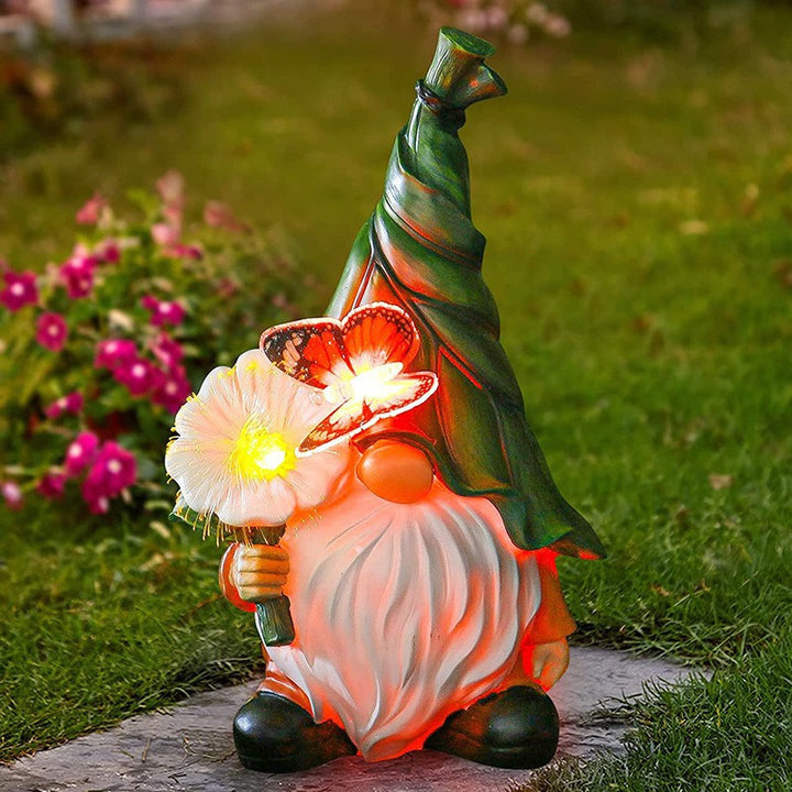 Modern Art Deco Solar Waterproof Resin Gnome With Flower &amp; Butterfly LED Outdoor Light Landscape Lighting For Garden