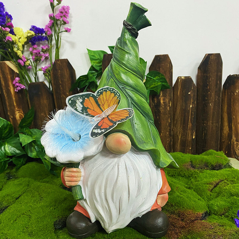 Modern Art Deco Solar Waterproof Resin Gnome With Flower & Butterfly LED Outdoor Light Landscape Lighting For Garden