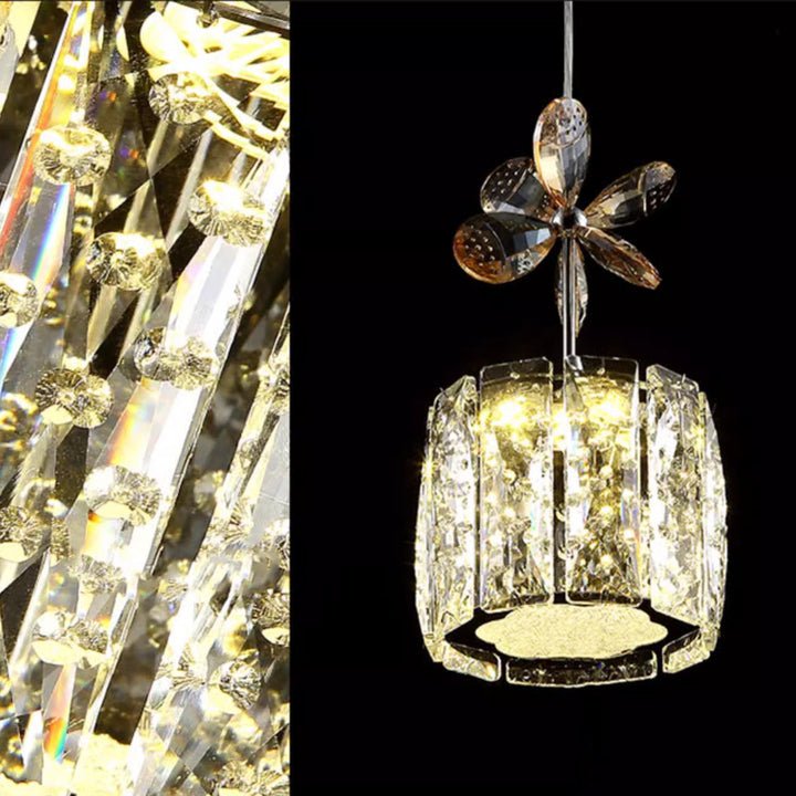 ثريا حديثة فاخرة من الكريستال والفولاذ المقاوم للصدأ على شكل بتلة أسطوانة قطرات المطر LED لغرفة الطعام وغرفة المعيشة 